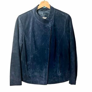 J McLaughlin Womens Suede Moto Jacket Size L Navy Classic Preppy Office Casual